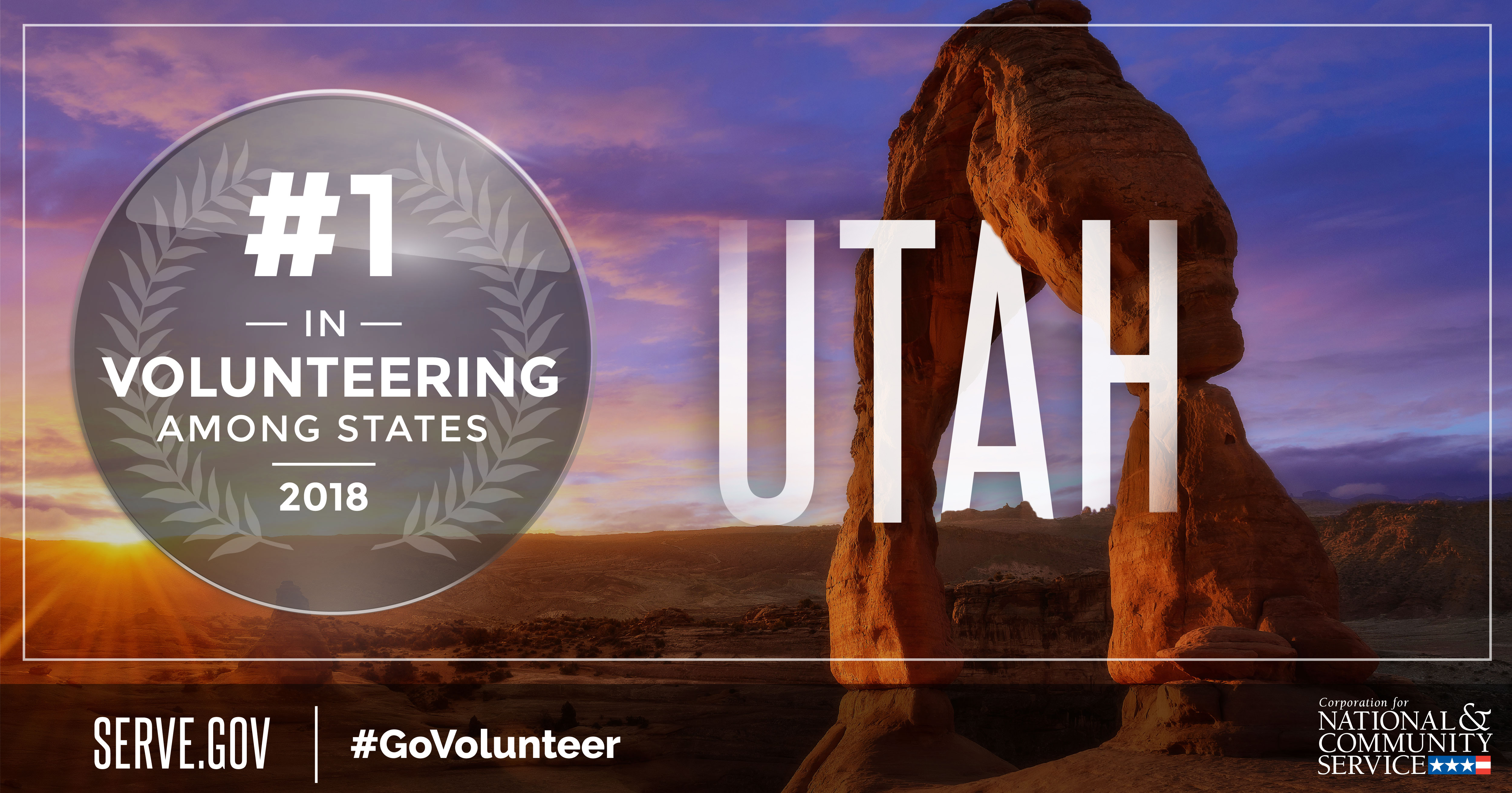 Utah ranked #1 in volunteering among states in 2018, as shown with Delicate Arch in background.
