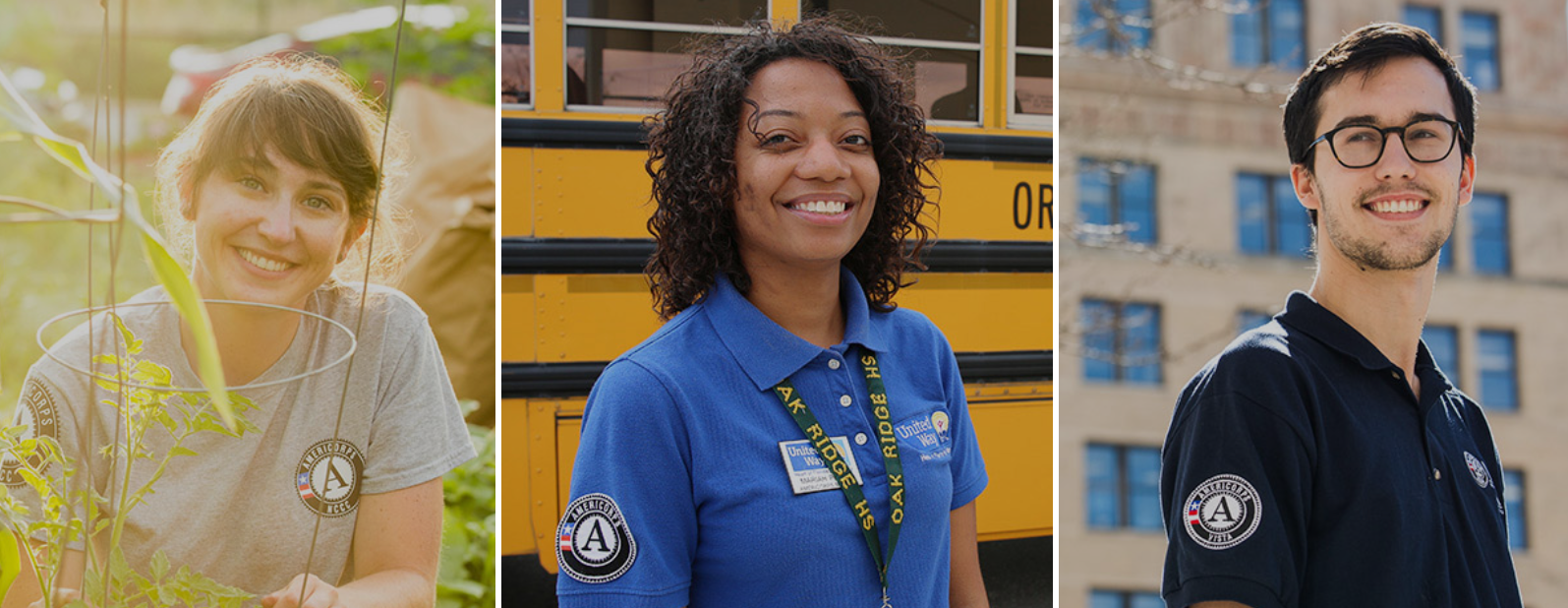 Three AmeriCorps members wearing uniforms, standing outdoors in different settings.