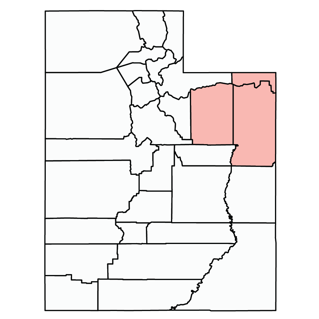 Square image in shape of Utah, with upper right section highlighted light red
