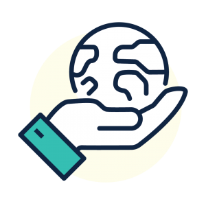 A hand holding a globe, representing global care or environmental responsibility.