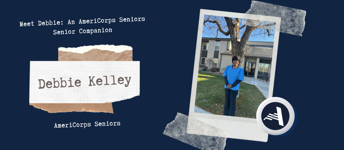 A woman named Debbie Kelley is standing outside near a building, dressed casually with a smile, surrounded by torn paper design elements that introduce her as an AmeriCorps Seniors Senior Companion.