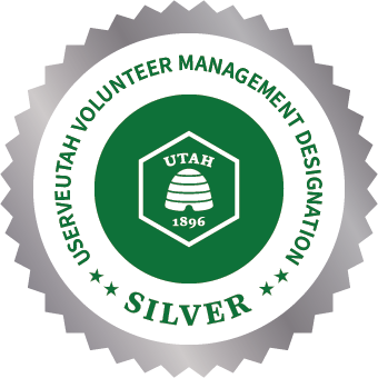 Silver badge for UServeUtah Volunteer Management Designation with Utah beehive emblem.