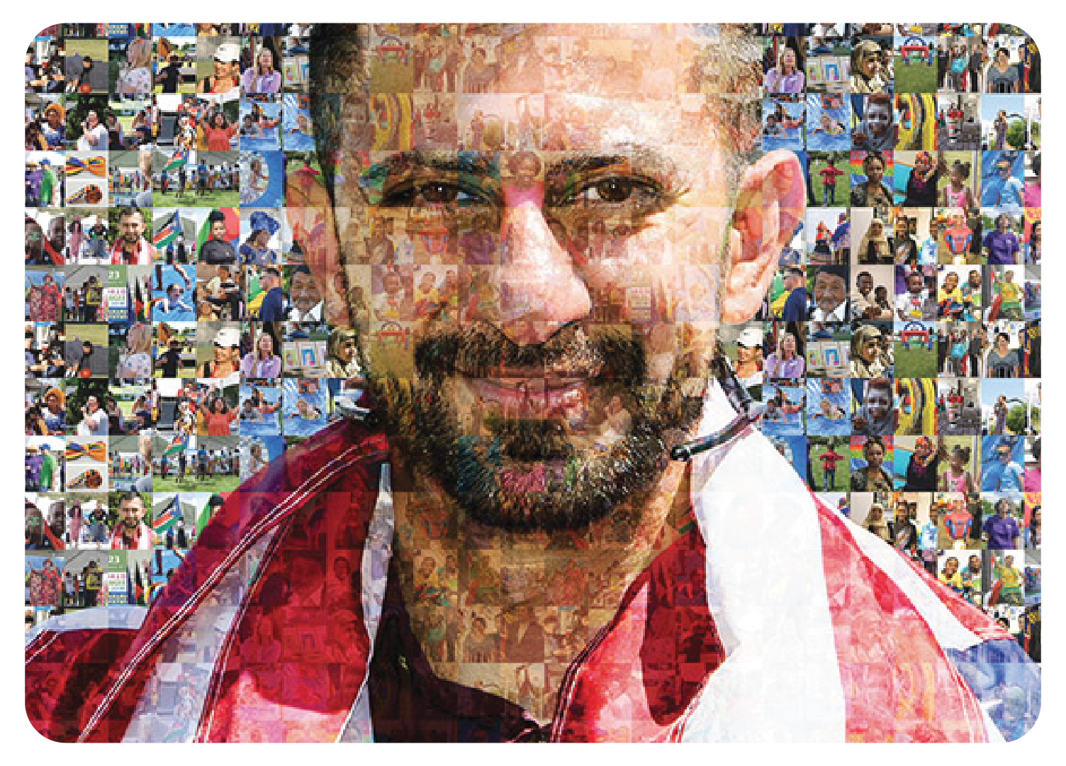 A mosaic portrait of a man, overlaid with small images of people and activities.
