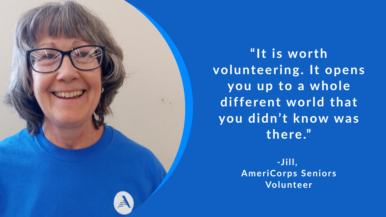 Smiling woman in blue AmeriCorps shirt next to quote about the value of volunteering.