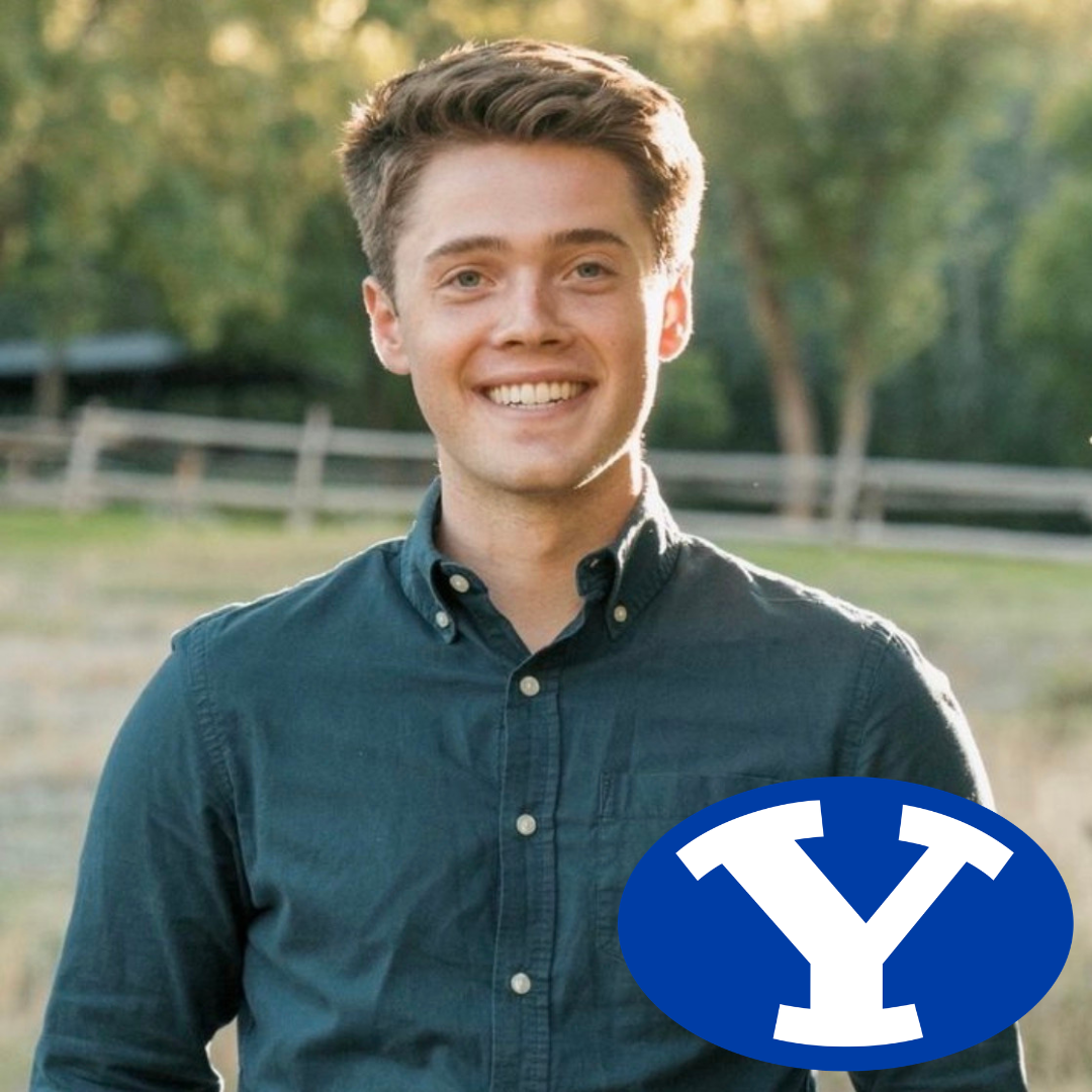 CCEC member McKay Jones a young person with short hair smiling in front of dark gray background wearing striped shirt with pendant necklace. Includes Utah Valley University's wolverine icon.
